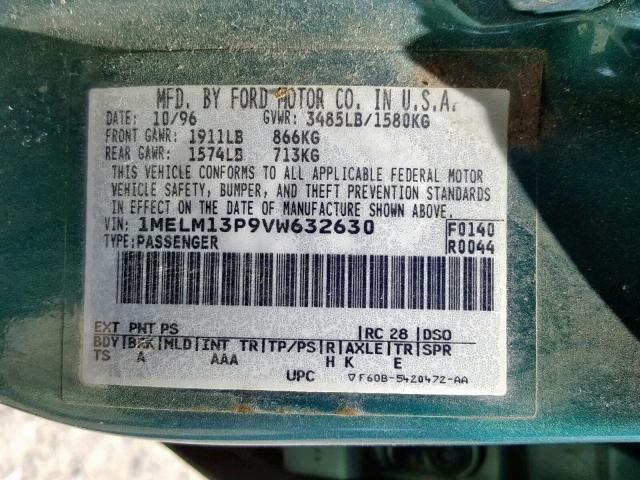 1MELM13P9VW632630 - 1997 MERCURY TRACER LS GREEN photo 10