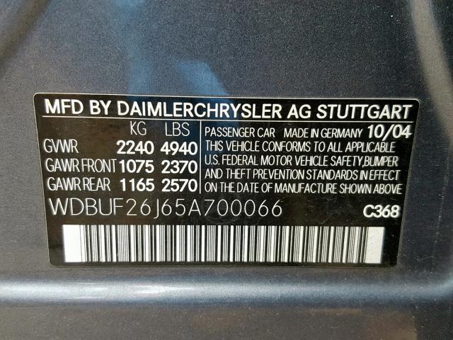 WDBUF26J65A700066 - 2005 MERCEDES-BENZ E 320 CDI GRAY photo 10