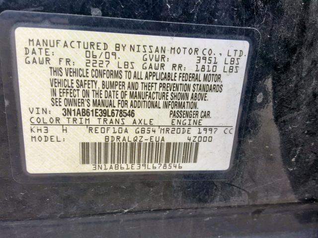 3N1AB61E39L678546 - 2009 NISSAN SENTRA 2.0 BLACK photo 10