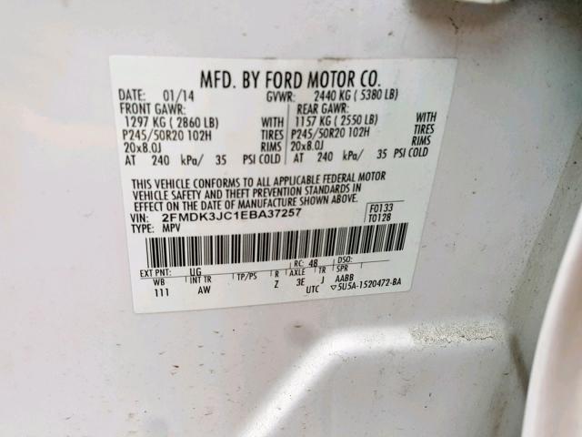 2FMDK3JC1EBA37257 - 2014 FORD EDGE SEL WHITE photo 10