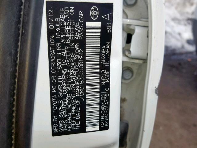 JTDKDTB35C1001942 - 2012 TOYOTA PRIUS C WHITE photo 10