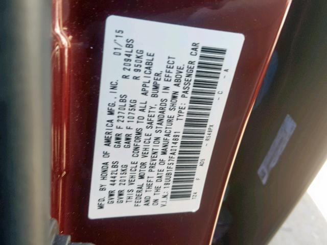 19UUB1F57FA014891 - 2015 ACURA TLX TECH MAROON photo 10