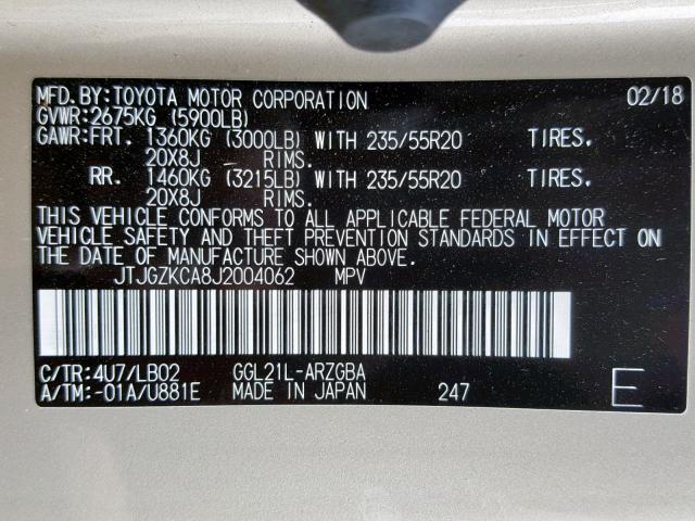 JTJGZKCA8J2004062 - 2018 LEXUS RX 350 L GOLD photo 10