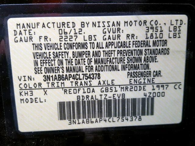 3N1AB6AP4CL754378 - 2012 NISSAN SENTRA 2.0 BLACK photo 10