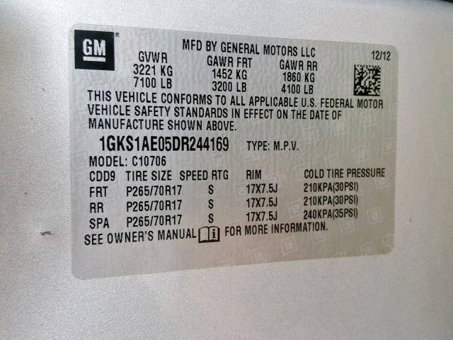 1GKS1AE05DR244169 - 2013 GMC YUKON SLE SILVER photo 10