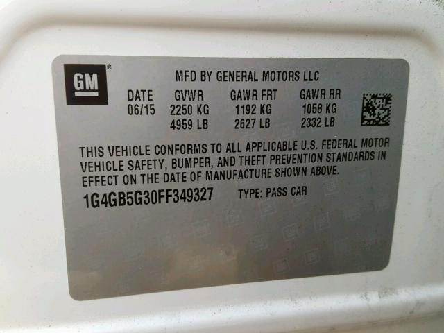 1G4GB5G30FF349327 - 2015 BUICK LACROSSE WHITE photo 10