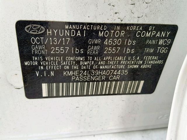 KMHE24L39HA074435 - 2017 HYUNDAI SONATA HYB WHITE photo 10