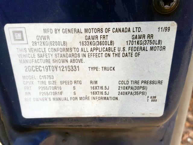 2GCEC19T0Y1215331 - 2000 CHEVROLET SILVERADO C1500  photo 10