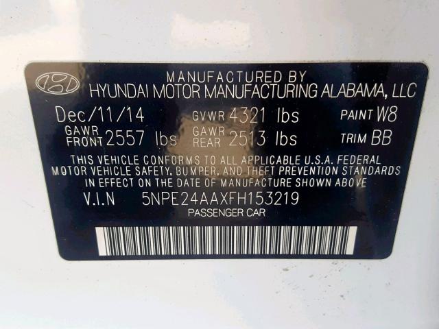 5NPE24AAXFH153219 - 2015 HYUNDAI SONATA ECO WHITE photo 10