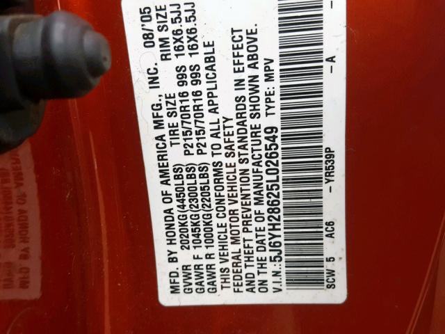 5J6YH28625L026549 - 2005 HONDA ELEMENT EX ORANGE photo 10