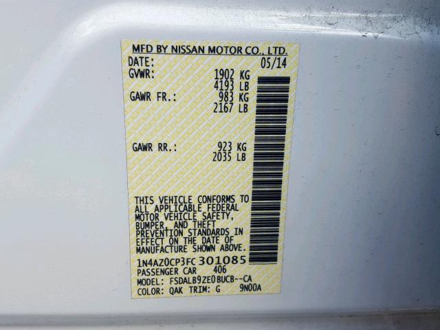 1N4AZ0CP3FC301085 - 2015 NISSAN LEAF S WHITE photo 10