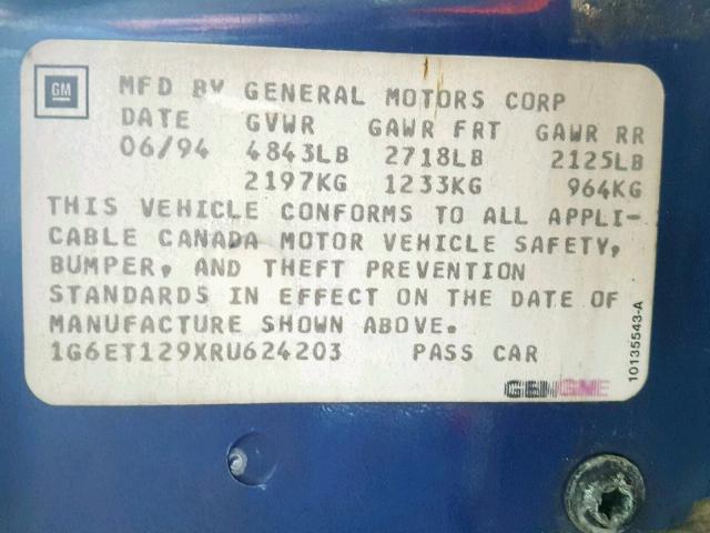 1G6ET129XRU624203 - 1994 CADILLAC ELDORADO T BLUE photo 10