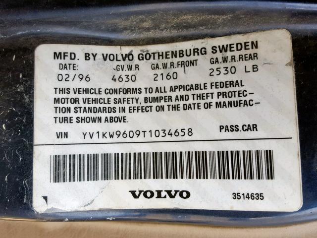 YV1KW9609T1034658 - 1996 VOLVO 960 BLUE photo 10