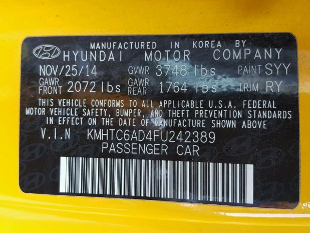 KMHTC6AD4FU242389 - 2015 HYUNDAI VELOSTER YELLOW photo 10