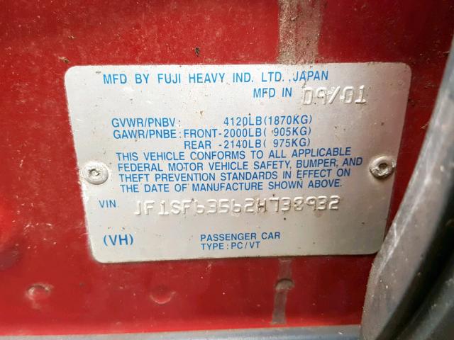 JF1SF63562H738932 - 2002 SUBARU FORESTER L RED photo 10