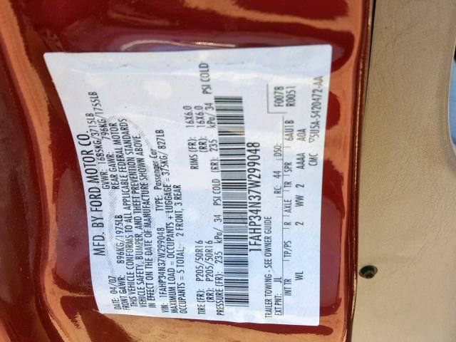 1FAHP34N37W299048 - 2007 FORD FOCUS ZX4 MAROON photo 10