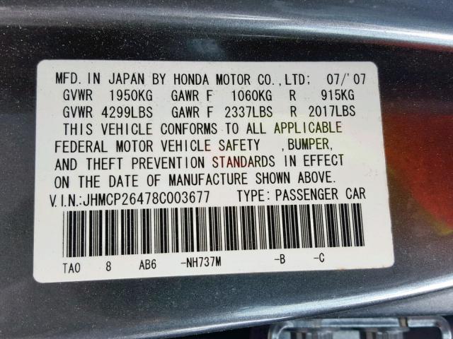 JHMCP26478C003677 - 2008 HONDA ACCORD LXP GRAY photo 10