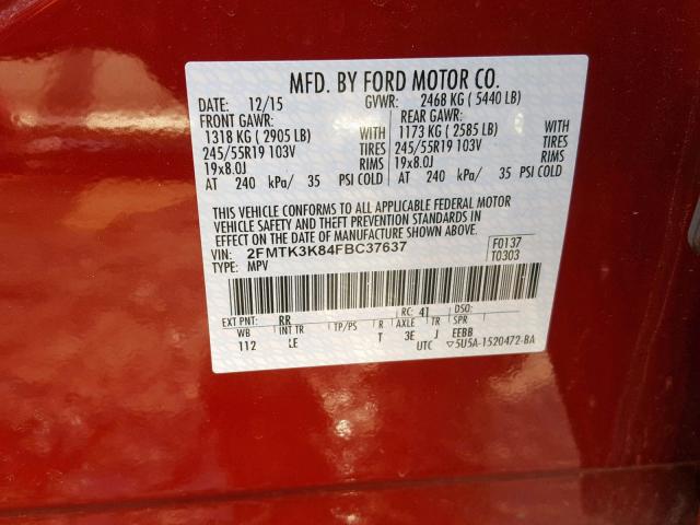 2FMTK3K84FBC37637 - 2015 FORD EDGE TITAN RED photo 10