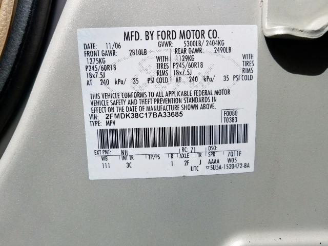 2FMDK38C17BA33685 - 2007 FORD EDGE SEL  photo 10