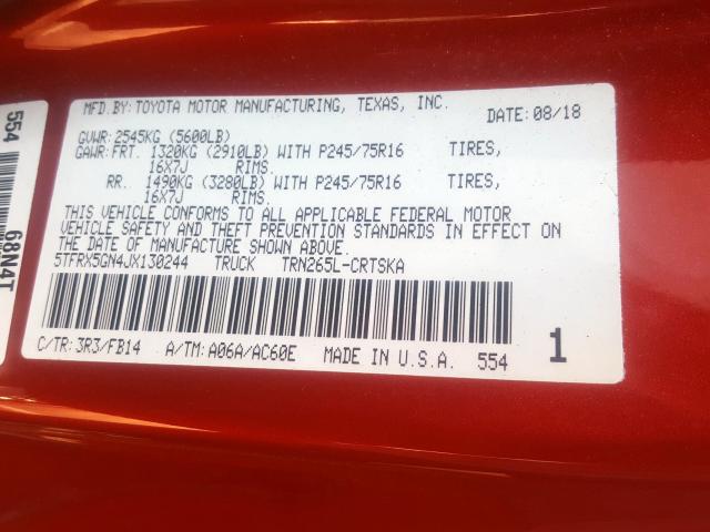 5TFRX5GN4JX130244 - 2018 TOYOTA TACOMA ACCESS CAB  ფოტო 10