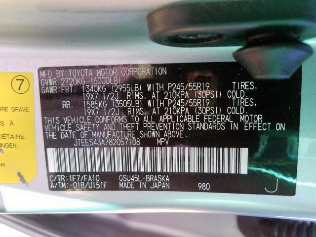 JTEES43A782057108 - 2008 TOYOTA HIGHLANDER SPORT  photo 10