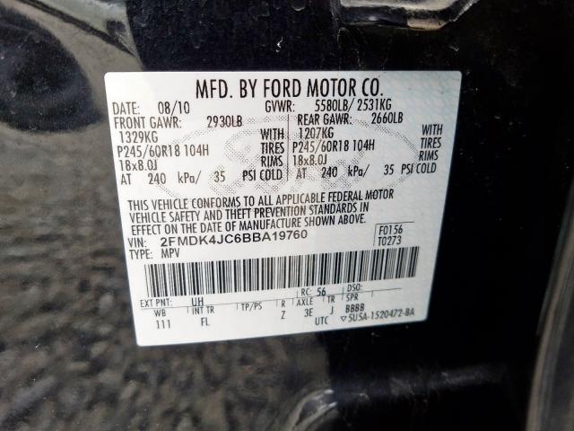 2FMDK4JC6BBA19760 - 2011 FORD EDGE SEL  photo 10