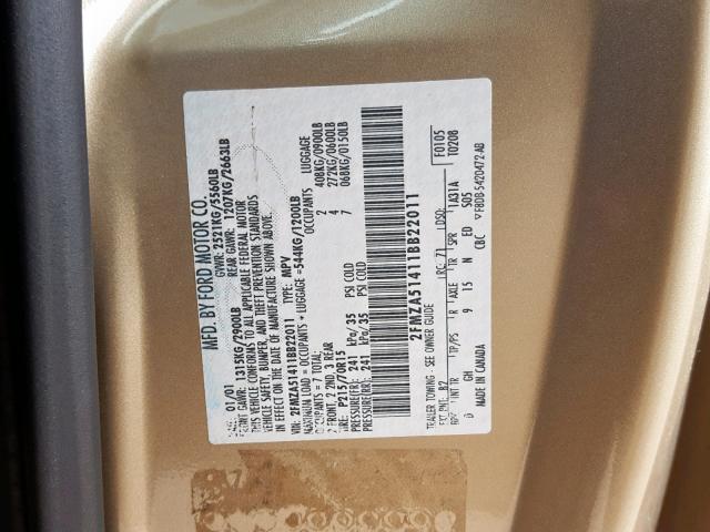 2FMZA51411BB22011 - 2001 FORD WINDSTAR C BEIGE photo 10