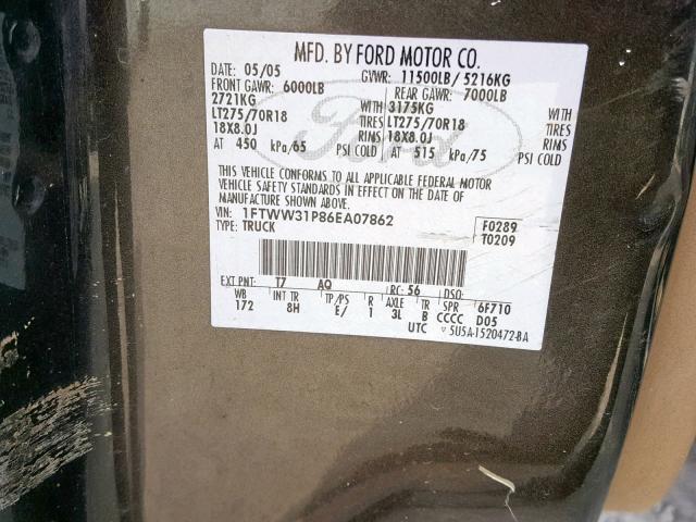 1FTWW31P86EA07862 - 2006 FORD F350 SRW S BROWN photo 10