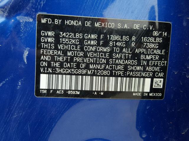 3HGGK5G89FM712080 - 2015 HONDA FIT EX BLUE photo 10