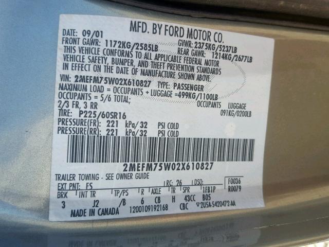 2MEFM75W02X610827 - 2002 MERCURY GRAND MARQ GRAY photo 10