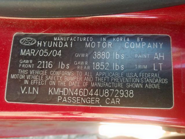 KMHDN46D44U872938 - 2004 HYUNDAI ELANTRA GLS  photo 10