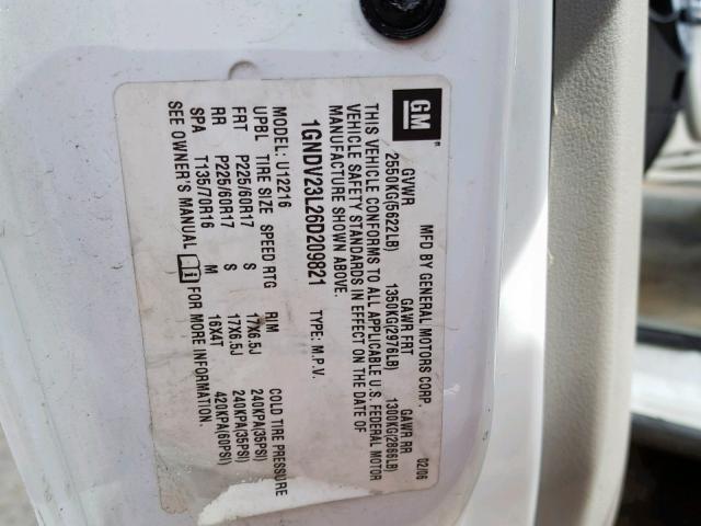 1GNDV23L26D209821 - 2006 CHEVROLET UPLANDER L თეთრი ფოტო 10