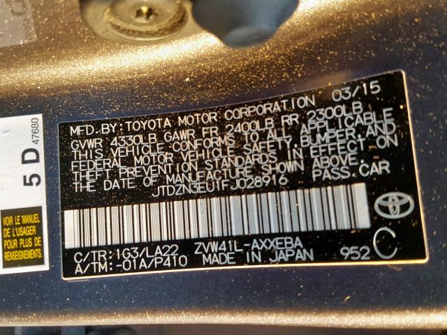 JTDZN3EU1FJ028916 - 2015 TOYOTA PRIUS V SILVER photo 10