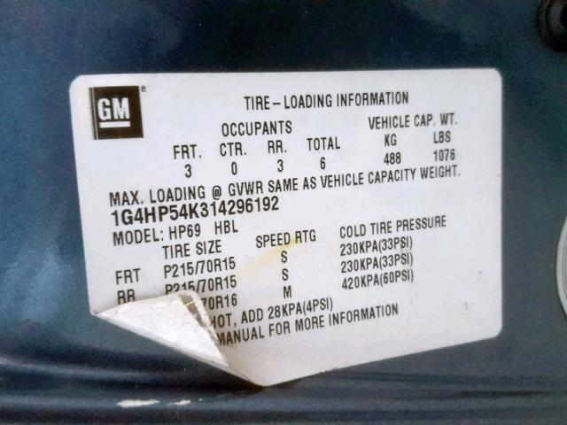 1G4HP54K314296192 - 2001 BUICK LESABRE CU BLUE photo 10