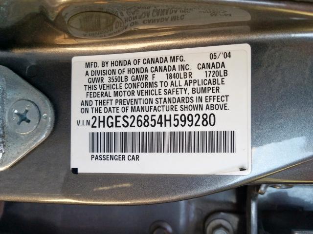 2HGES26854H599280 - 2004 HONDA CIVIC EX  photo 10