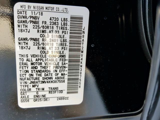 JN8AT2MV4KW387556 - 2019 NISSAN ROGUE S BLACK photo 10