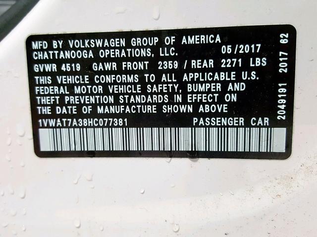 1VWAT7A38HC077381 - 2017 VOLKSWAGEN PASSAT S WHITE photo 10