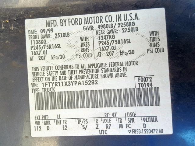 1FTYR11X3YPA15282 - 2000 FORD RANGER BLUE photo 10