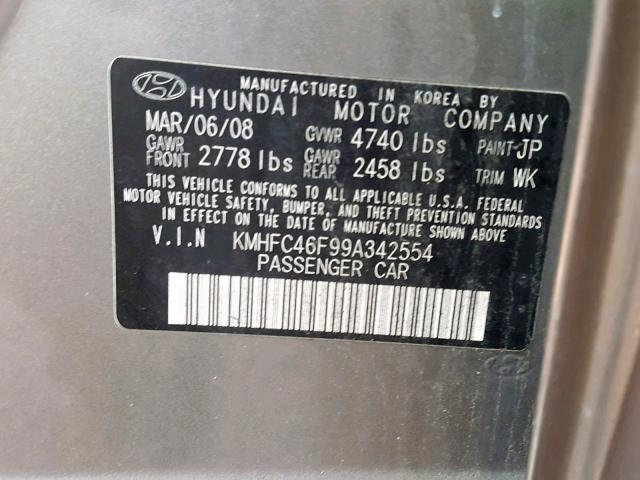 KMHFC46F99A342554 - 2009 HYUNDAI AZERA SE GRAY photo 10