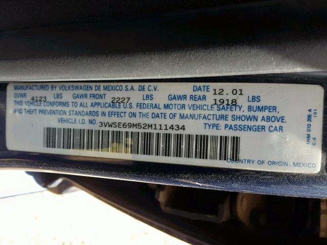 3VWSE69M52M111434 - 2002 VOLKSWAGEN JETTA GLS BLUE photo 10