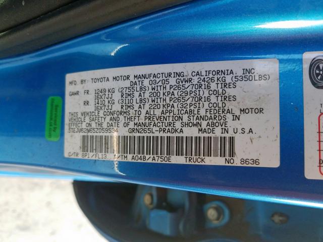 5TEJU62N65Z059534 - 2005 TOYOTA TACOMA DOUBLE CAB PRERUNNER  photo 10