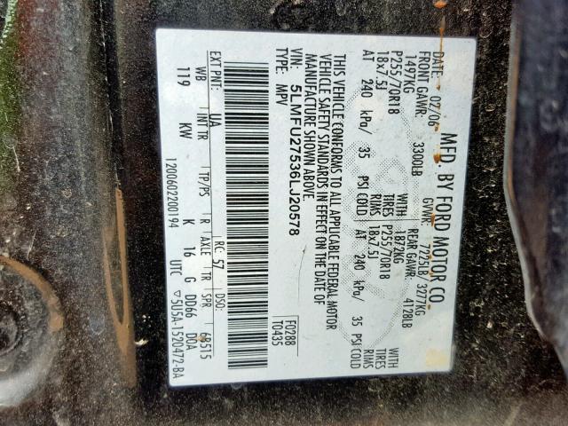 5LMFU27536LJ20578 - 2006 LINCOLN NAVIGATOR 黑色 照片 10