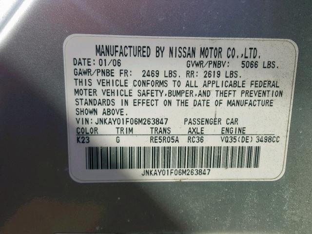 JNKAY01F06M263847 - 2006 INFINITI M35 BASE GRAY photo 10