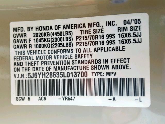 5J6YH28635L013700 - 2005 HONDA ELEMENT EX CREAM photo 10