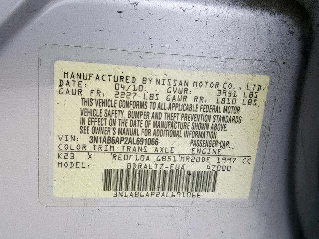 3N1AB6AP2AL691066 - 2010 NISSAN SENTRA 2.0 SILVER photo 10