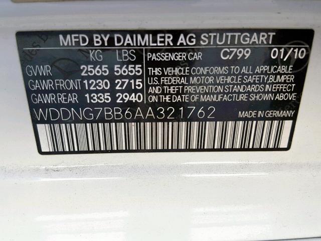 WDDNG7BB6AA321762 - 2010 MERCEDES-BENZ S 550 WHITE photo 10