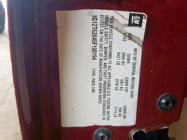 1G1ZT62845F198194 - 2005 CHEVROLET MALIBU MAX ბურგუნდია ფოტო 10