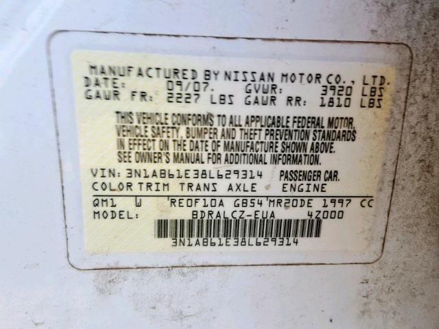 3N1AB61E38L629314 - 2008 NISSAN SENTRA 2.0 WHITE photo 10