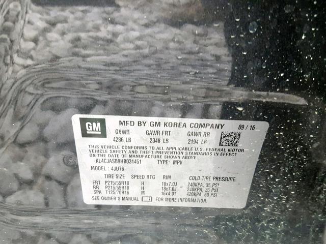 KL4CJASB9HB031451 - 2017 BUICK ENCORE PRE GRAY photo 10