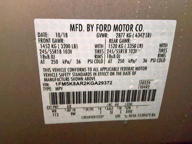 1FM5K8AR2KGA29372 - 2019 FORD EXPLORER P WHITE photo 10